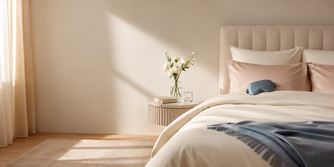 Woman in silk sleepwear in a calm bedroom, illustrating quality sleep as a daily foundation