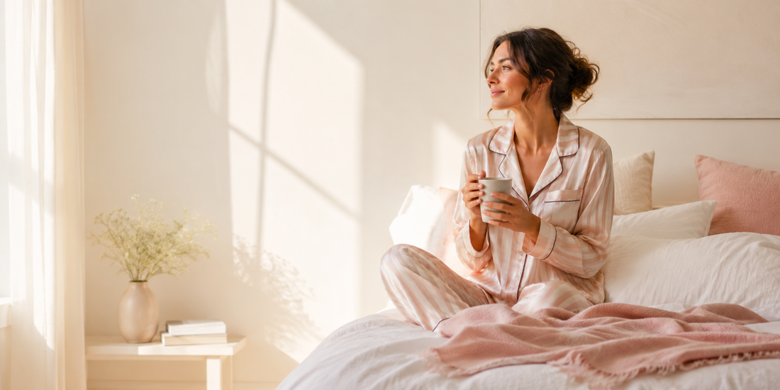 Woman in silk sleepwear enjoying a slow morning with coffee and natural light