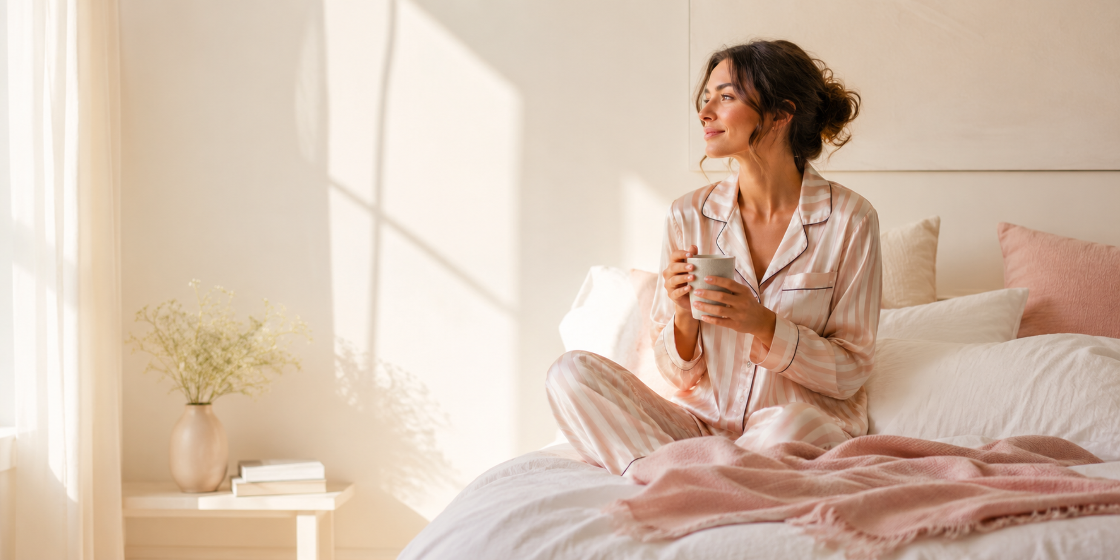 Woman in silk sleepwear enjoying a slow morning with coffee and natural light