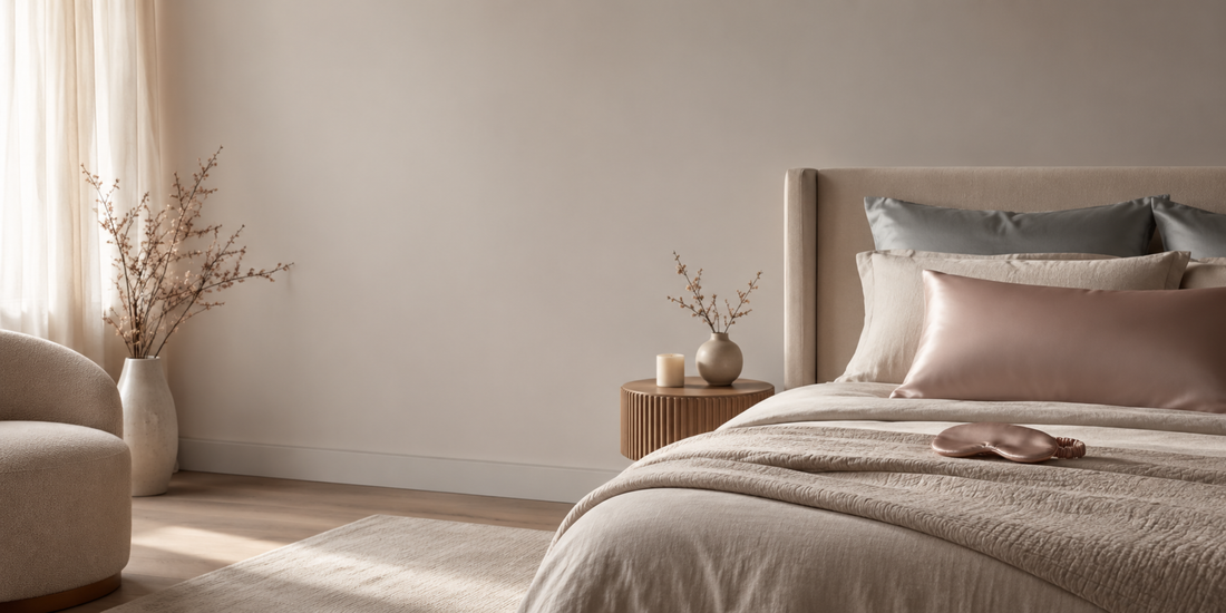 Soft, neutral-toned bedroom with silk bedding, illustrating a calm sleep environment