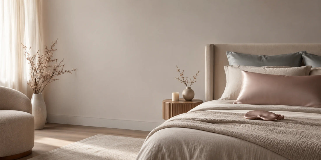Soft, neutral-toned bedroom with silk bedding, illustrating a calm sleep environment