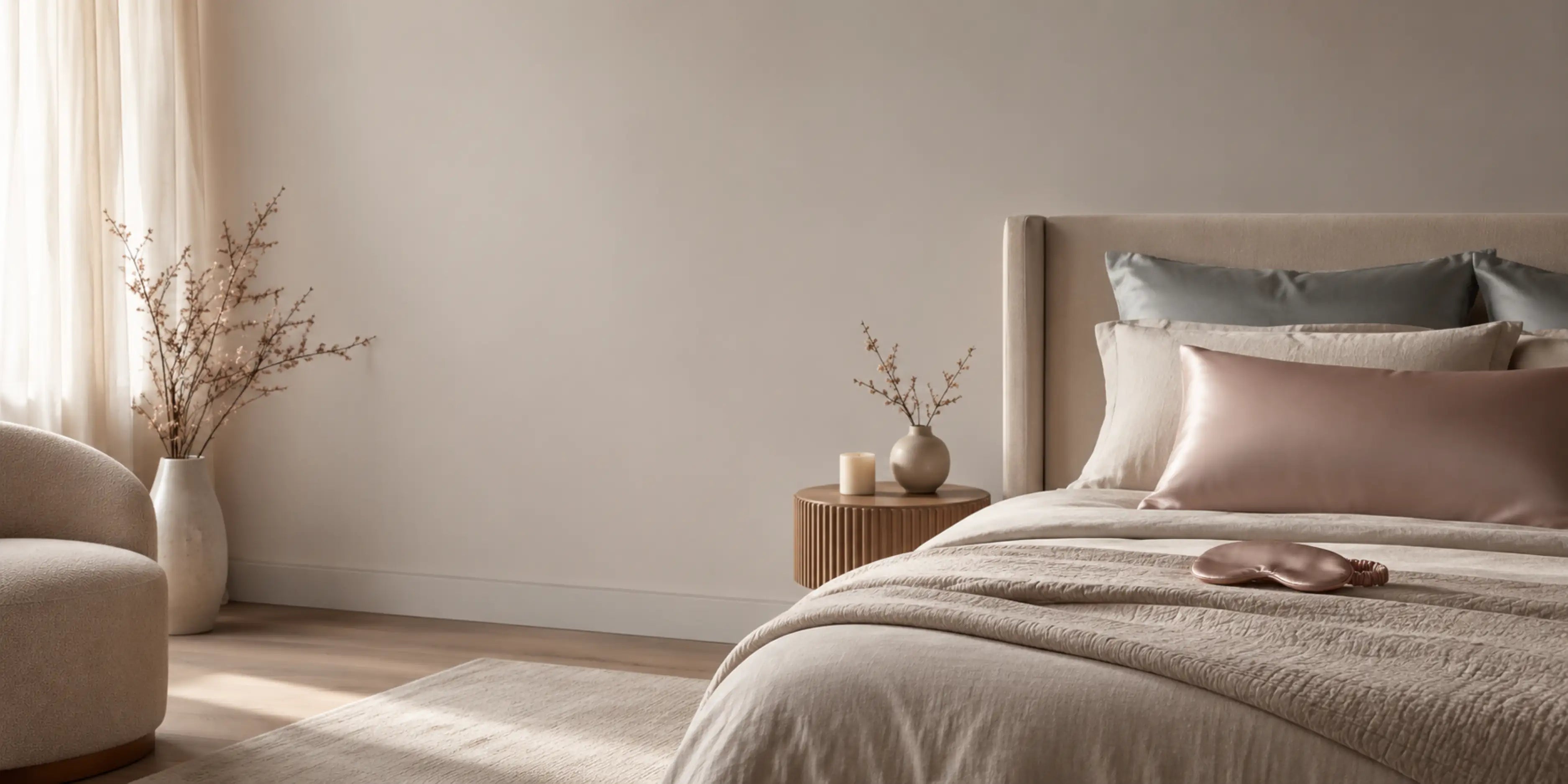 Soft, neutral-toned bedroom with silk bedding, illustrating a calm sleep environment
