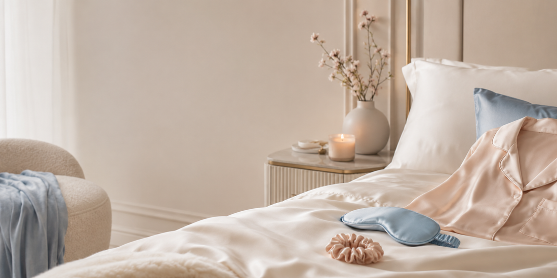 Soft silk sleepwear in natural light, showing the breathable fabric that supports cooler, deeper sleep